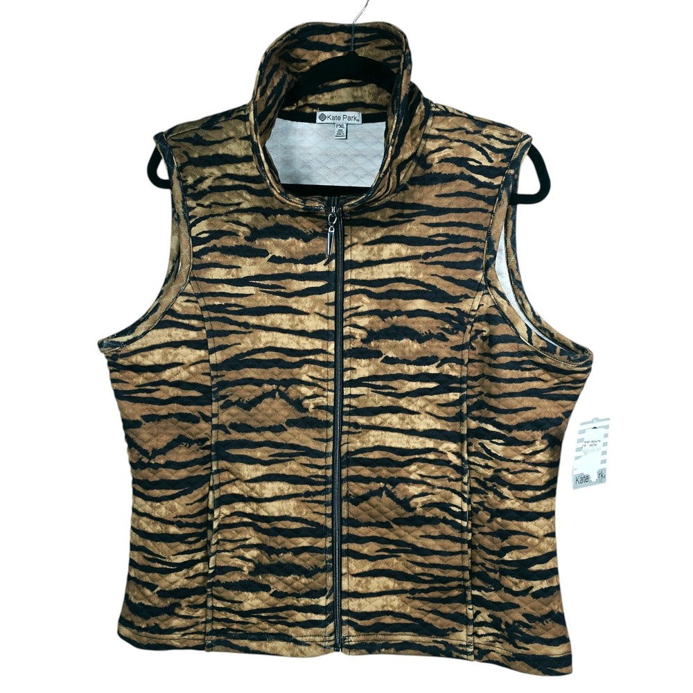 Kate Park Tiger Print Quilted Vest Womens PXL Brown Black Zip Mock Neck New